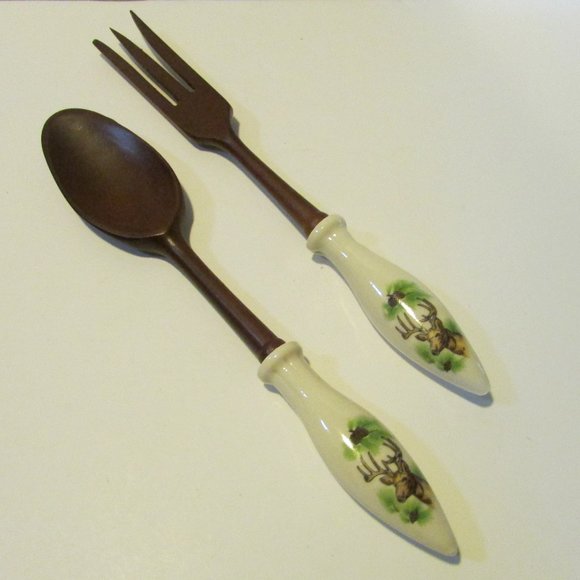 vintage wooden salad spoon and fork with stag deer evergreen on handle Japan - Picture 1 of 9